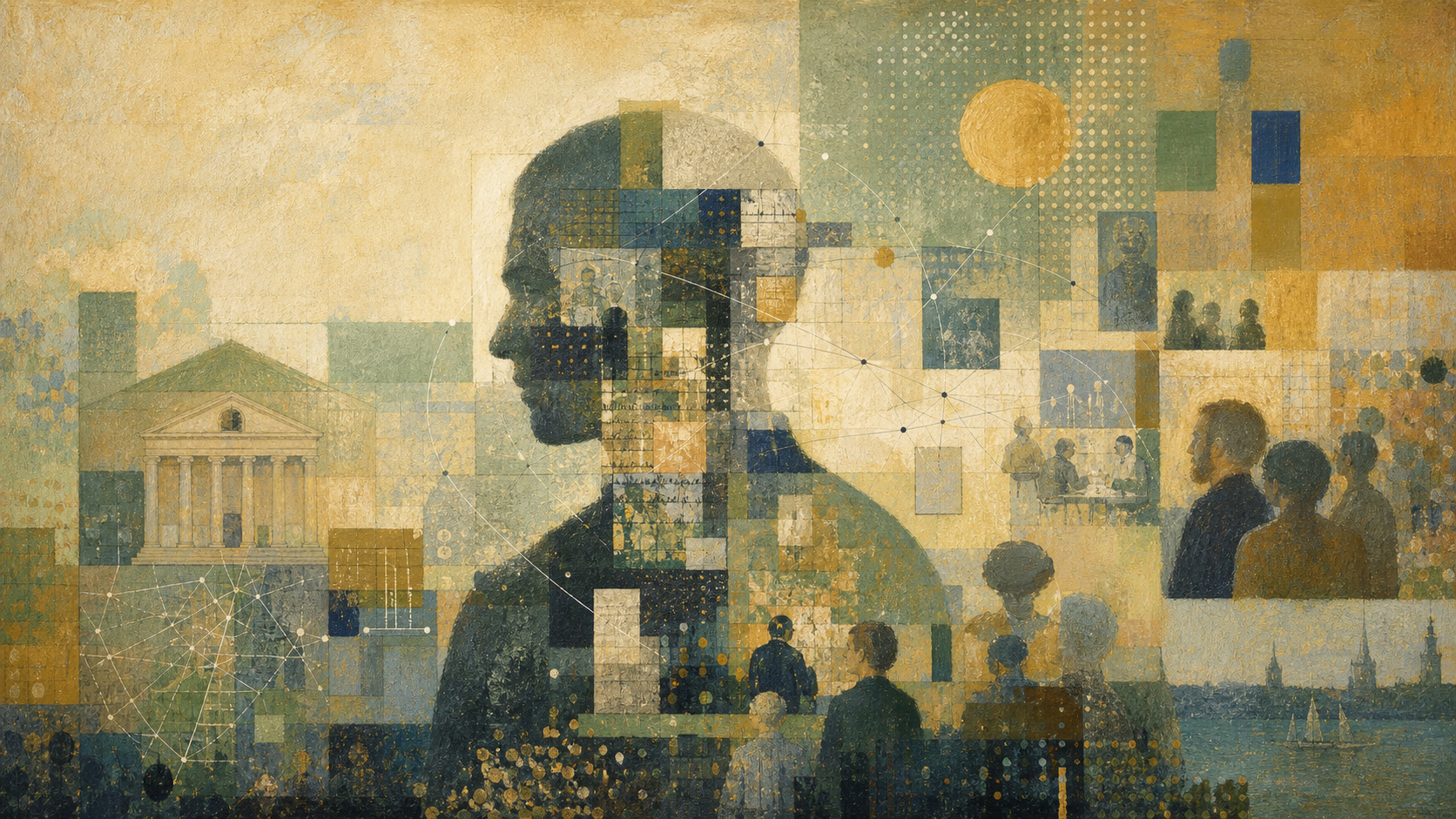Portrait assembled from data panes and institutional forms.